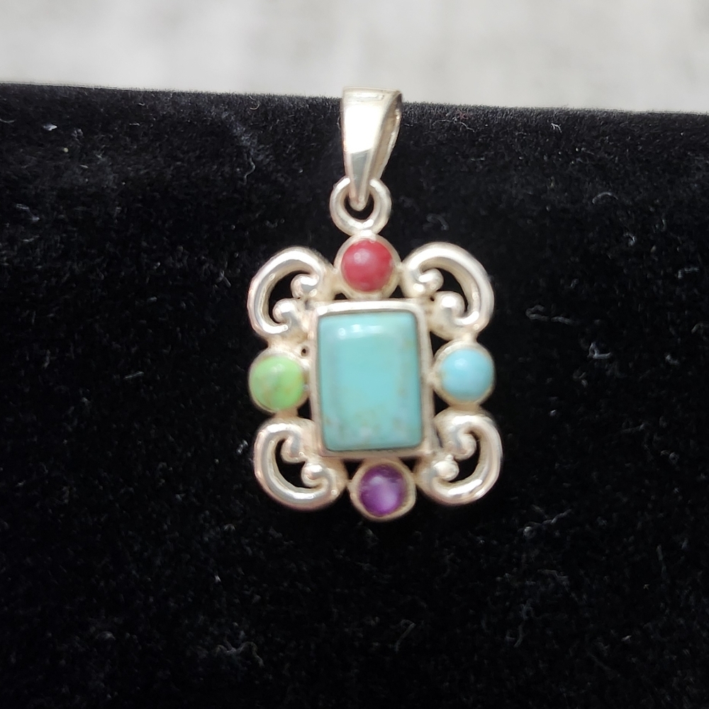 Multistone Turquoise Center Silver Pendant - Women Jewelry
